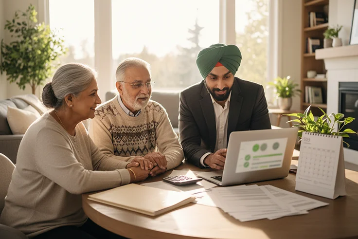 Elderly couple reviewing super visa eligibility with advisor
