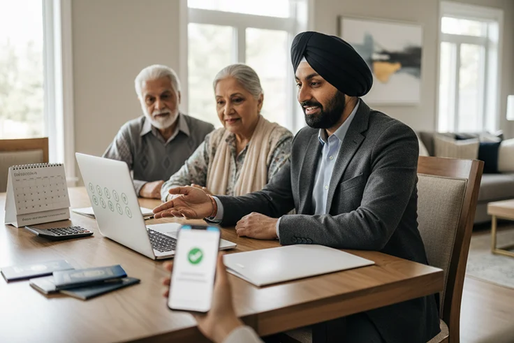 Family following online insurance guide together