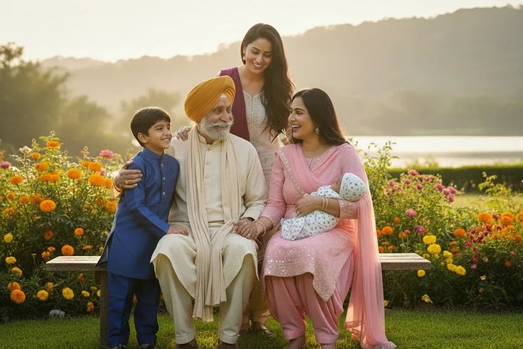 Multi-generational Sikh family in garden
