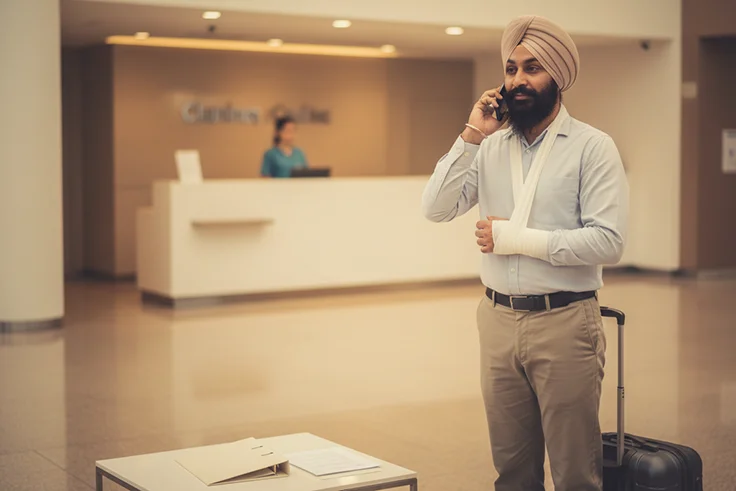 Sikh man with arm sling at clinic